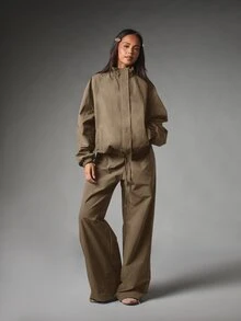 MISSGUIDED Oversized Zip-Up Bomber Jacket With Mock Neck Elastic Cuffs And Hem Balloon Sleeves Casual Streetwear Outerwear - Camel - View 5