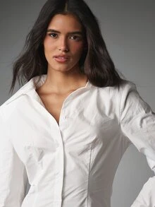 MISSGUIDED Đầm mini cài cúc cổ bẻ, tay dài ôm sát, eo chiết, dáng ôm body may đo - trắng - Xem 2