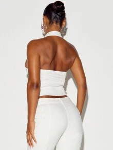 SUMWON WOMEN Halter Neck Cropped Denim Vest Top With Button Front Closure And Scoop Neckline Structured Fitted Silhouette - Beige - View 5