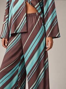 AiiRZ Satin Wide Leg Pants With Diagonal Stripe Print Elastic Waist Pull On Full Length Palazzo Style Casual Trousers - Multicolor - View 5