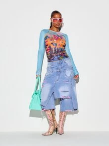 SUMWON WOMEN Tokyo Cityscape Graphic Print Mesh Long Sleeve Crop Top With Chinese Script And Rhinestone Detail Scoop Neck Slim Fit Streetwear - Multicolor - View 2