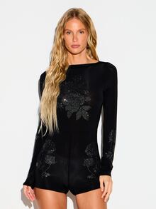 KIZN Long Sleeve Boat Neck Romper With Rhinestone Rose Floral Embellishment Short Jumpsuit Evening Night Out One Piece - Black - View 1