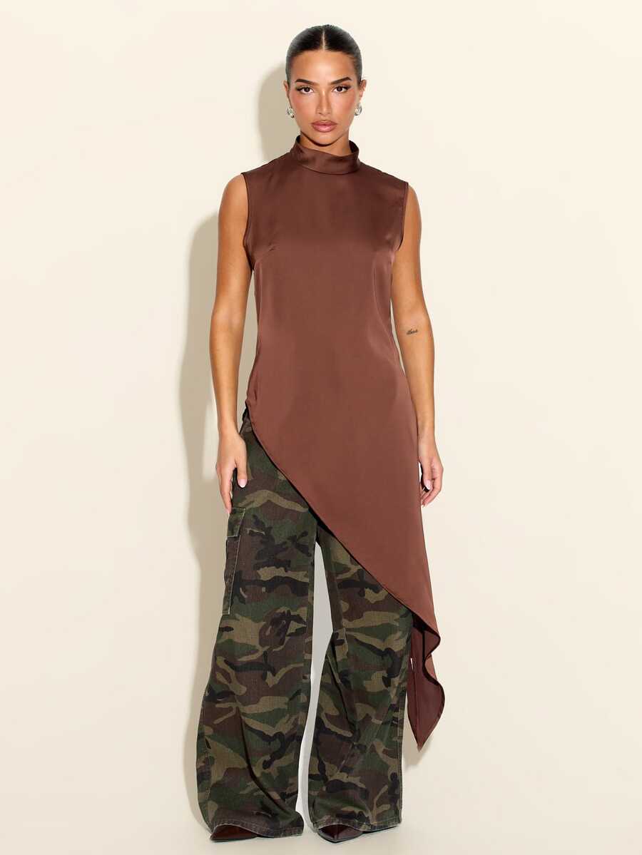 FASHION SZN Women's Asymmetrical Hem Top For Vacation And Travel - Brown - View 1