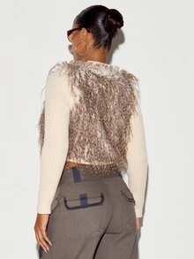 SUMWON WOMEN Faux Fur Cropped Bolero Jacket With Knit Long Sleeves Open Front Chain Closure Winter Outerwear Layering Top - White - View 5