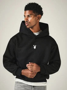 PLAYBOY X SUMWON Oversized Pullover Hoodie With Rhinestone Script Back Graphic And Bunny Logo Chest Print - Black - View 2