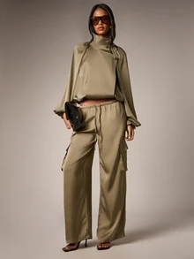 AiiRZ Satin Cropped Jacket With Stand Collar Asymmetric Button Closure Bishop Sleeves Elasticated Cuffs And Gathered Back Detail - Green - View 4