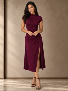 ELLERISSA Purple Mock Neck Cap Sleeve Ruched Side Split Scuba Midi Dress - Purple - View 5