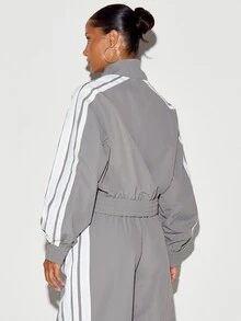 SUMWON WOMEN Cropped Full Zip Track Top With High Neck White Side Stripe Contrast Detailing And Elasticated Hem Autumn Winter - Grey - View 5
