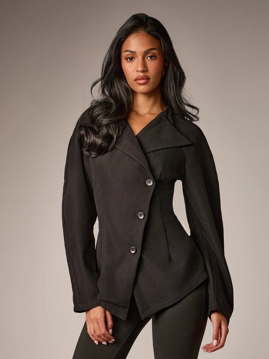 AiiRZ Asymmetric Wrap Blazer Jacket With Lapel Collar Button Front Closure And Waist-Defining Tailored Fit - Black - View 1