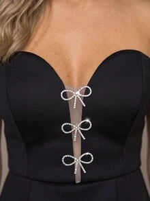 QUIZ Scuba Foam Sweetheart Neckline Bow Detail Mini - Black - View 3