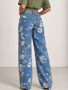 ELLERISSA Medium Blue Wash With Cream Floral Print High Waist Horseshoe Jeans - Medium Wash - View 2
