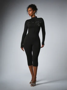 BABYPHAT Lady Phat Rhinestone Script Logo Zip-Up High Neck Long Sleeve Cropped Capri Jumpsuit Skin Tight One-Piece - Black - View 3