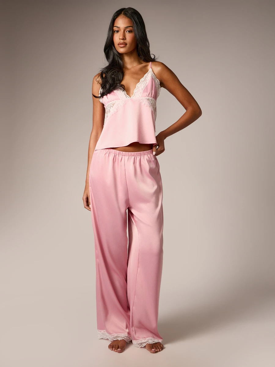 AiiRZ Satin Cami And Wide Leg Trouser Pyjama Set With Lace Trim V-Neck Camisole And Elasticated Waist Lounge Pants - Dusty Pink - View 1