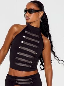 SUMWON WOMEN Halter Neck Crop Top And Micro Hot Pants Co-Ord Set With Metal Eyelet Strap Detail Sleeveless Two-Piece Outfit - Black - View 3