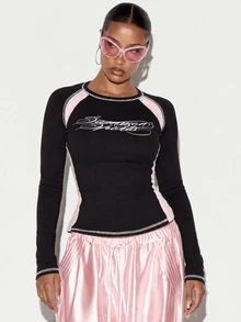 SUMWON WOMEN Fitted Crop Long Sleeve Top With Cursive Script Chest Print Pink Raglan Panels And Rhinestone Contrast Trim Detailing - Multicolor - View 3