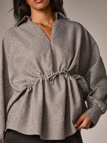 AiiRZ Oversized Collared Blouse With Batwing Long Sleeves And Drawstring Ruched Waist Detail In Textured Linen Feel Woven Fabric - Grey - View 4
