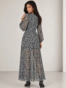 ELLERISSA Multicolor Leopard Print V-Neck Blouson Sleeve Sheer Godet Midi Dress - Multicolor - View 2