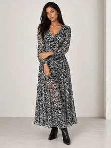 ELLERISSA Multicolor Leopard Print V-Neck Blouson Sleeve Sheer Godet Midi Dress - Multicolor - View 4