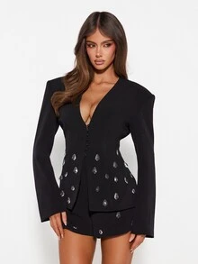 MISSGUIDED جاكيت بليزر ضيقة بدون ياقة مزينة بأحجار الراين الكريستالية على شكل قطرة ماء، بفتحة رقبة عميقة على شكل حرف V وإغلاق بأزرار، أكتاف مهيكلة، جاكيت سهرة - الأسود - مشاهدة 1