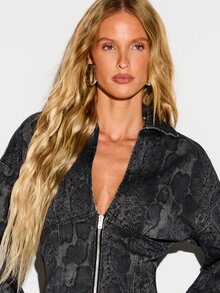KIZN Snake Print Cropped Denim Jacket With Collared Neckline, Front Zip Closure, And Flared Bell Sleeves In Charcoal - Black - View 4
