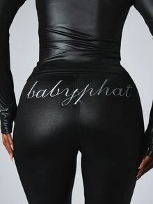 BABYPHAT Silver Script Logo Flare Leggings With High Shine Finish And Mid Rise Waistband Full Length Leg - Black - View 3