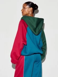 SUMWON WOMEN Boxy Fit Color Block Full-Zip Oversized Hoodie With Global Sports 1970 Chest Graphic Print And Raglan Long Sleeves - Multicolor - View 5