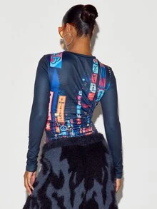 SUMWON WOMEN Shibuya Tokyo Japanese City Print Long Sleeve Crew Neck Ruched Fitted Crop Top With Neon Graphic AOP Design - Multicolor - View 5