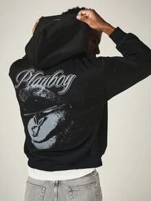 PLAYBOY X SUMWON Oversized Pullover Hoodie With Rhinestone Script Back Graphic And Bunny Logo Chest Print - Black - View 1