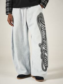 SUMWON Wide Leg Sweatpants With Oversized Graffiti Script Leg Print Drawstring Waist Fleece Lounge Streetwear Jogger Bottoms - Grey - View 1