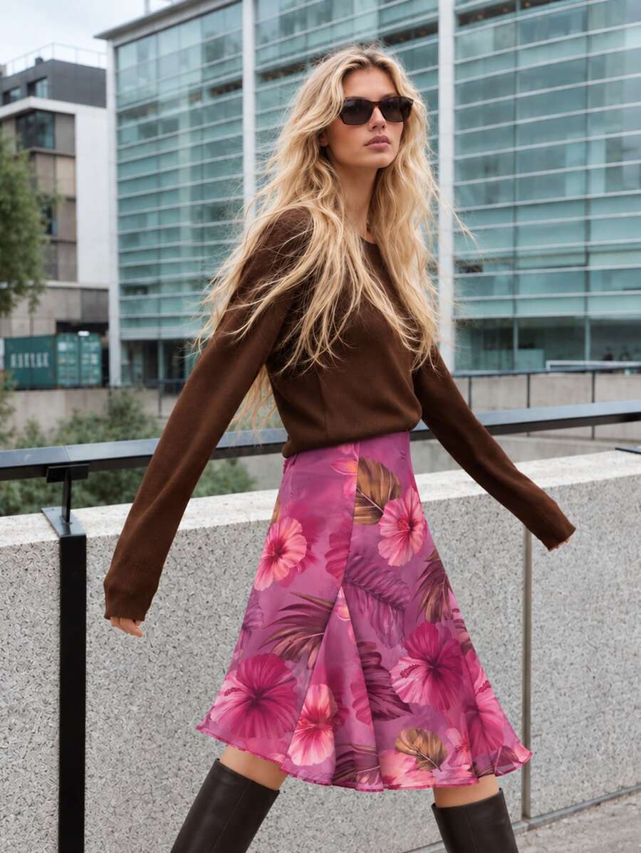 Zerodot Women Pink Tropical Floral Print Flared A-Line Midi Skirt Casual Daily Vacation Fall Pre Fall - Pink - View 1