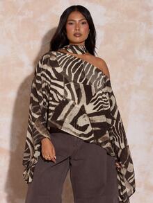 FASHION SZN FASSHION SZN PLUS SIZE ABSTRACT CAPE AND SCARF TOP - Coffee Brown - View 4
