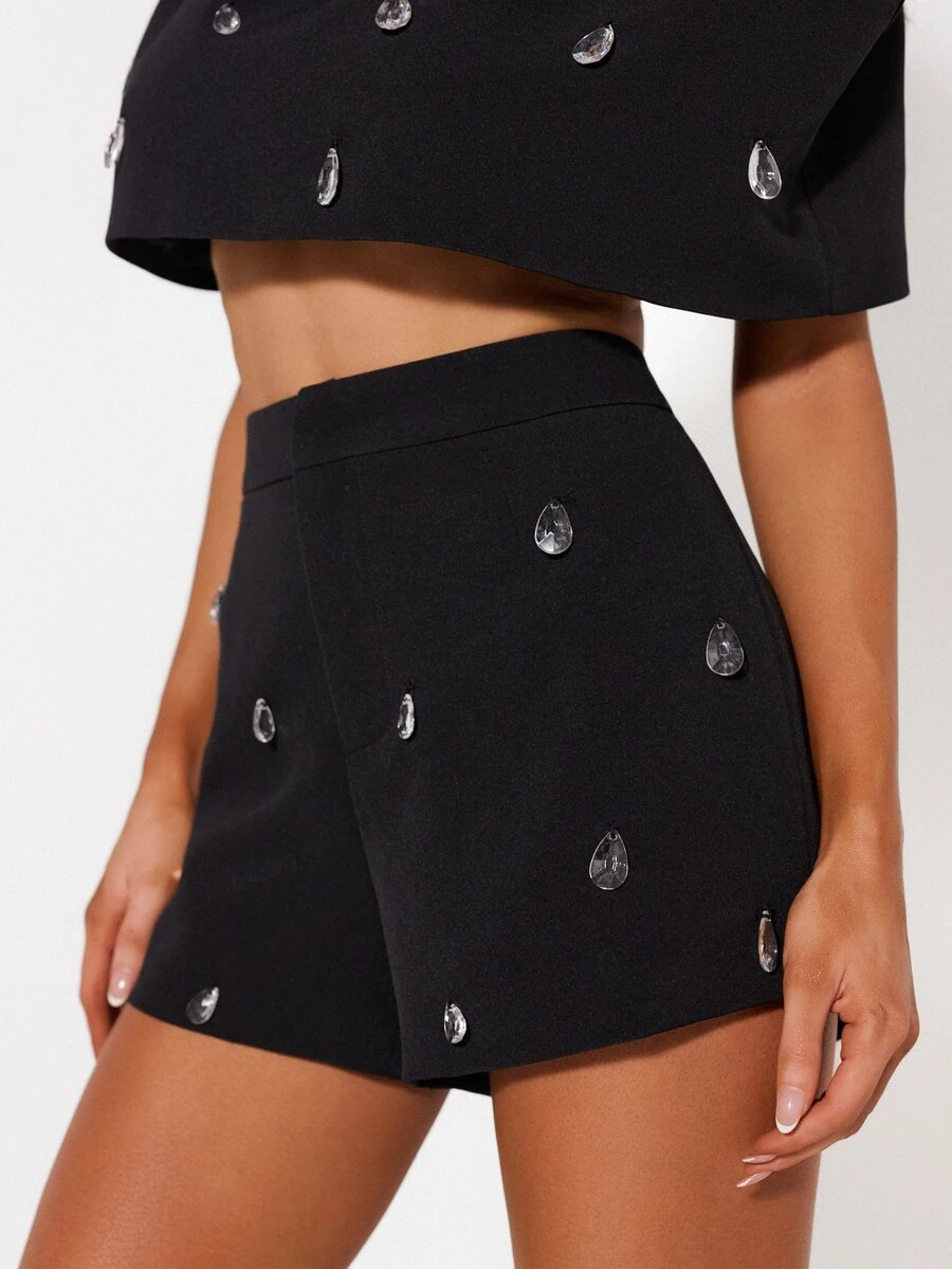 MISSGUIDED High Rise Mini Shorts With Scattered Teardrop Crystal Rhinestone Embellishments, Front Split Hem, Evening Night Out Party Style - Black - View 1