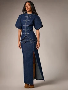 AiiRZ Denim Puff Sleeve Blouse With Mandarin Collar Frog Toggle Closures And Peplum Hem In Dark Indigo Wash - Dark Wash - View 4