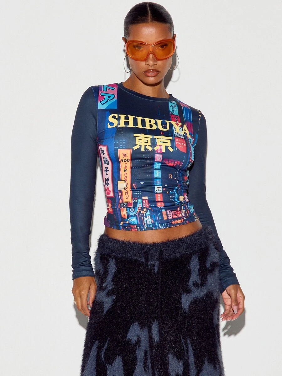 SUMWON WOMEN Shibuya Tokyo Japanese City Print Long Sleeve Crew Neck Ruched Fitted Crop Top With Neon Graphic AOP Design - Multicolor - View 1