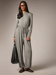 AiiRZ Long Sleeve Crew Neck Wide Leg Full Length Jumpsuit With Drawstring Waist And Padded Shoulder Detail In Relaxed Fit - Dark Grey - View 1