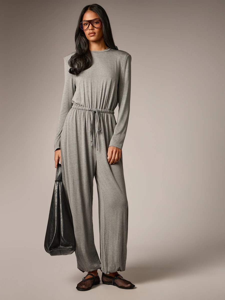 AiiRZ Long Sleeve Crew Neck Wide Leg Full Length Jumpsuit With Drawstring Waist And Padded Shoulder Detail In Relaxed Fit - Dark Grey - View 1