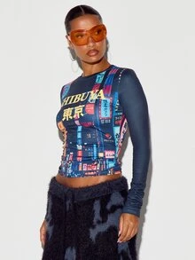 SUMWON WOMEN Shibuya Tokyo Japanese City Print Long Sleeve Crew Neck Ruched Fitted Crop Top With Neon Graphic AOP Design - Multicolor - View 3