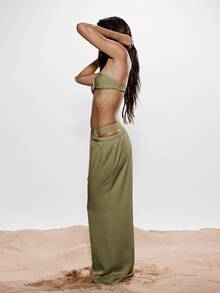 KIZN Quần palazzo ống rộng bằng satin, eo chun có dây rút, túi hai bên, dáng rủ, quần mặc ngoài bikini đi biển - Màu Khaki - Xem 3