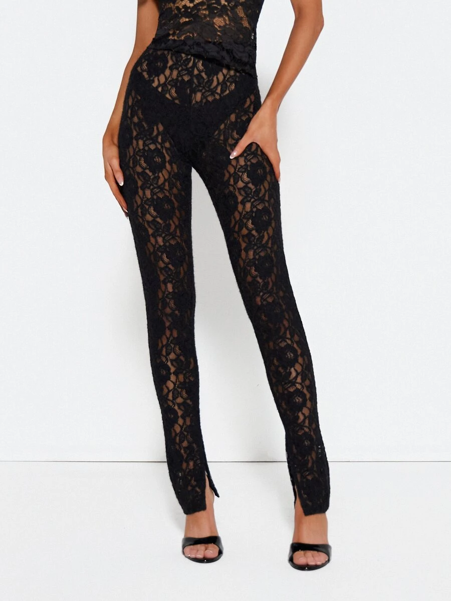 MISSGUIDED Quần legging dài ôm sát cạp cao ren hoa mỏng màu đen, chi tiết xẻ gấu cổ chân - màu đen - Xem 1
