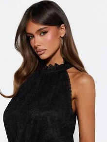 MISSGUIDED Lace Halter Neck Romper With Open Back Tie Detail Satin Drawstring Waist And Scalloped Lace Trim Shorts - Black - View 6