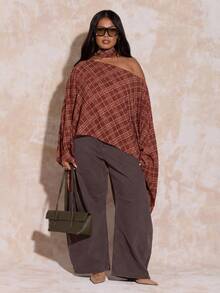 FASHION SZN TOP CAPA A CUADROS Y BUFANDA TALLA GRANDE - Marrón - Ver 1