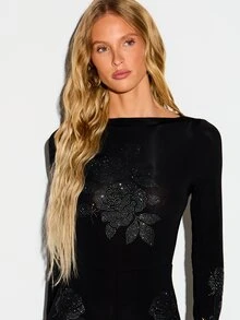 KIZN Long Sleeve Boat Neck Romper With Rhinestone Rose Floral Embellishment Short Jumpsuit Evening Night Out One Piece - Black - View 5