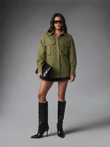 MISSGUIDED Oversized Button-Front Collared Shirt With Dual Flap Chest Pockets And Long Sleeves In Relaxed Longline Silhouette - Army Green - View 2