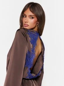 MISSGUIDED Satin Lace Trim Romper With Deep Plunge V-Neck Bell Sleeves Open Back And Floral Eyelash Lace Hem Detail - Coffee Brown - View 6