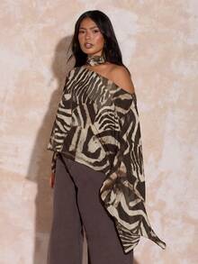 FASHION SZN FASSHION SZN PLUS SIZE ABSTRACT CAPE AND SCARF TOP - Coffee Brown - View 6