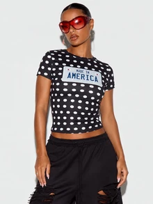 SUMWON WOMEN Polka Dot Crop Slim Fit Tee With License Plate Made In America Graphic Print Cropped Short Sleeve Round Neck Top - Black - View 3