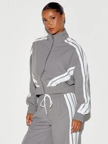 SUMWON WOMEN Cropped Full Zip Track Top With High Neck White Side Stripe Contrast Detailing And Elasticated Hem Autumn Winter - Grey - View 3
