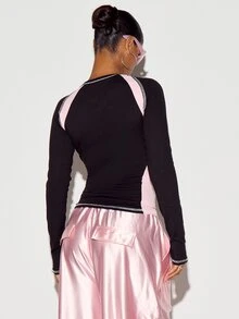 SUMWON WOMEN Fitted Crop Long Sleeve Top With Cursive Script Chest Print Pink Raglan Panels And Rhinestone Contrast Trim Detailing - Multicolor - View 5