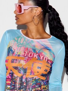 SUMWON WOMEN Tokyo Cityscape Graphic Print Mesh Long Sleeve Crop Top With Chinese Script And Rhinestone Detail Scoop Neck Slim Fit Streetwear - Multicolor - View 4