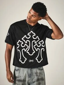 SUMWON Boxy Crop T-Shirt With Oversized Gothic Cross Graphic Print And Sleeve Motif Crew Neck Street Style Tee - Black - View 3
